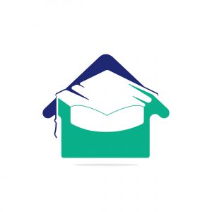 Education house shape logo design. Graduation cap and house icon. Education vector design template.	