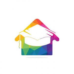 Education house shape logo design. Graduation cap and house icon. Education vector design template.	
