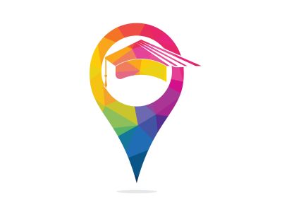 Graduation cap and gps point icon logo. Location Icon for University. Vector logo or icon design element for companies.	