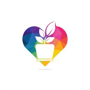 Flower pot and plant logo. Growth vector logo. Heart shaped sign.	