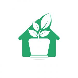 Flower pot and plant logo. Growth vector logo. Eco house shaped sign.	