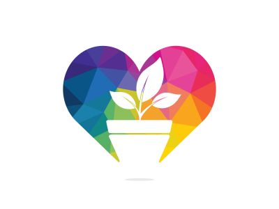 Flower pot and plant logo. Growth vector logo. Heart shaped sign.	