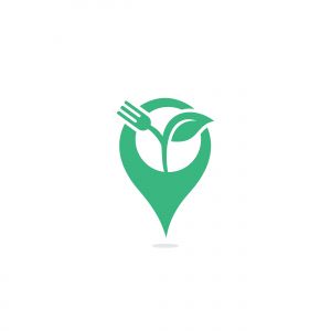 Fork leaf and GPS sign vector logo design. Organic food restaurant or cafe logo concept with Fork and leaf.	