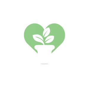 Flower pot and plant logo. Growth vector logo. Heart shaped sign.	