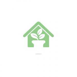 Flower pot and plant logo. Growth vector logo. Eco house shaped sign.	