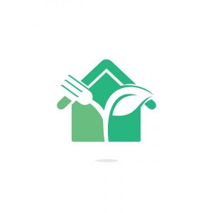 Fork leaf and home vector logo. Vegetarian food symbol. Creative logo design concept for healthy products.	