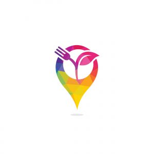 Fork leaf and GPS sign vector logo design. Organic food restaurant or cafe logo concept with Fork and leaf.	