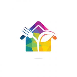 Fork leaf and home vector logo. Vegetarian food symbol. Creative logo design concept for healthy products.	