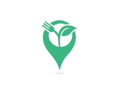 Fork leaf and GPS sign vector logo design. Organic food restaurant or cafe logo concept with Fork and leaf.	