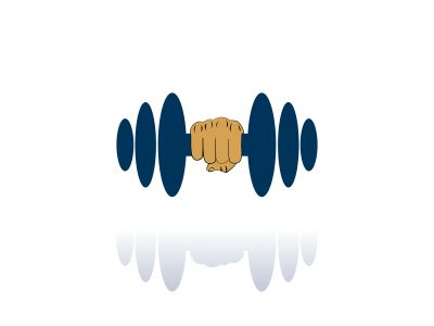 bodybuilding logo, dumbbell in hand	