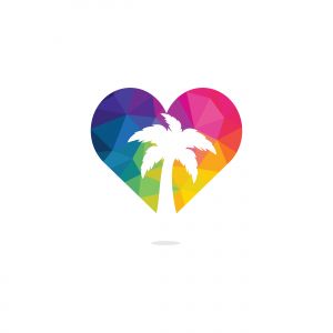 Heart shaped tropical beach and palm tree logo design. Creative simple palm tree vector logo design.	