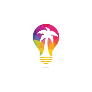 Abstract bulb lamp with palm tree logo design. Nature travel innovation symbol. Tour and travel concept design.	