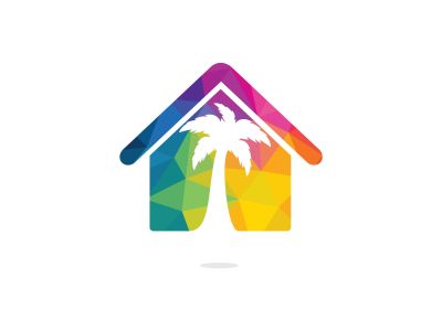 Vector house and palm tree logo. Beach house logo design.	