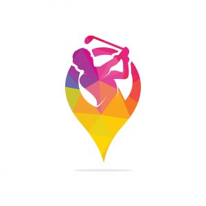 Vector golf club and map pointer logo combination. Golf player hits ball inspiration Logo design	