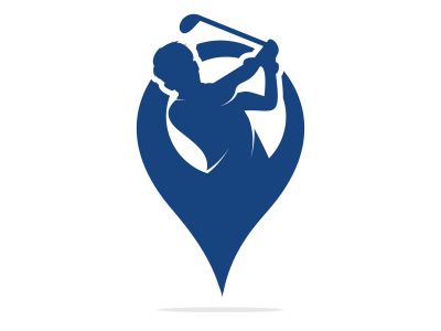Vector golf club and map pointer logo combination. Golf player hits ball inspiration Logo design	