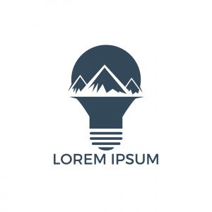 Mountain inside light bulb logo design. Leadership solution logo design. Concept of lamp, brainstorm, tourism, mission, strategy, ray, victory, briefing.	