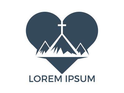 Baptist cross in mountain logo design. Cross on top of the mountain and heart shape logo. God Christian Love conceptual logo design	
