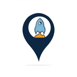  Rocket and map pointer logo design. Rocket and GPS locator symbol or icon.