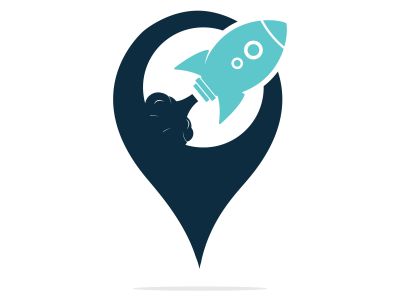  Rocket and map pointer logo design. Rocket and GPS locator symbol or icon.
